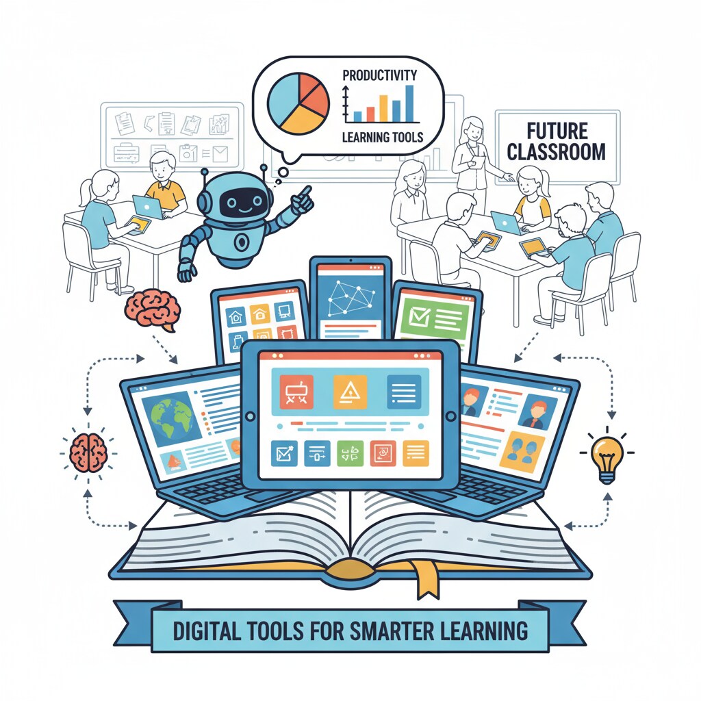 Students are shown using various AI-enhanced productivity tools such as tablets and laptops in a classroom. There are educational apps and software visible on the screens. Students using AI-enhanced productivity tools in a classroom for better learning
