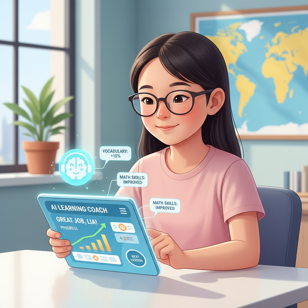 A student is interacting with an AI-powered learning app on a device. The app is displaying feedback in the form of text and graphs related to the student's performance. An AI-powered learning app providing feedback to enhance student learning