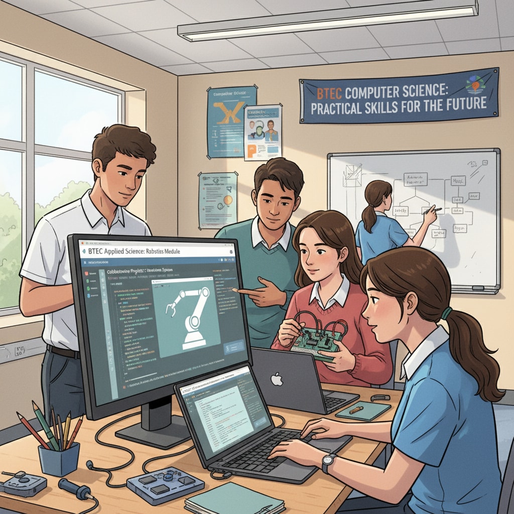 A group of students collaborating on a computer science project related to BTEC courses. This shows the practical learning environment of BTEC Computer Science. Students collaborating on a computer science project for BTEC qualification, related to university applications and apprenticeship opportunities