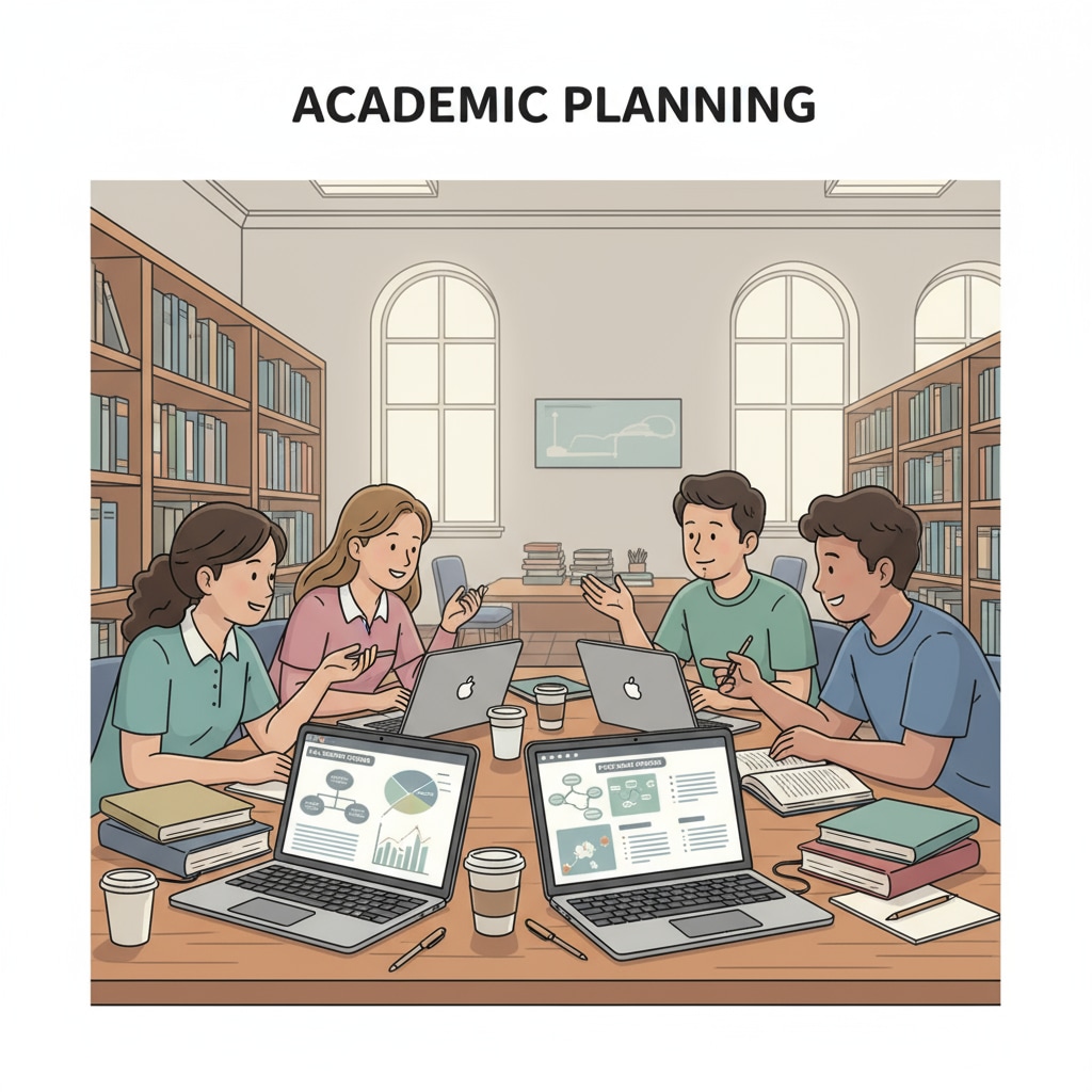 A group of students are engaged in a discussion in a college library, with books and laptops around them, representing the exploration of academic plans. Students discussing academic plans related to university degrees, credit transfers, and tuition arrears in a library
