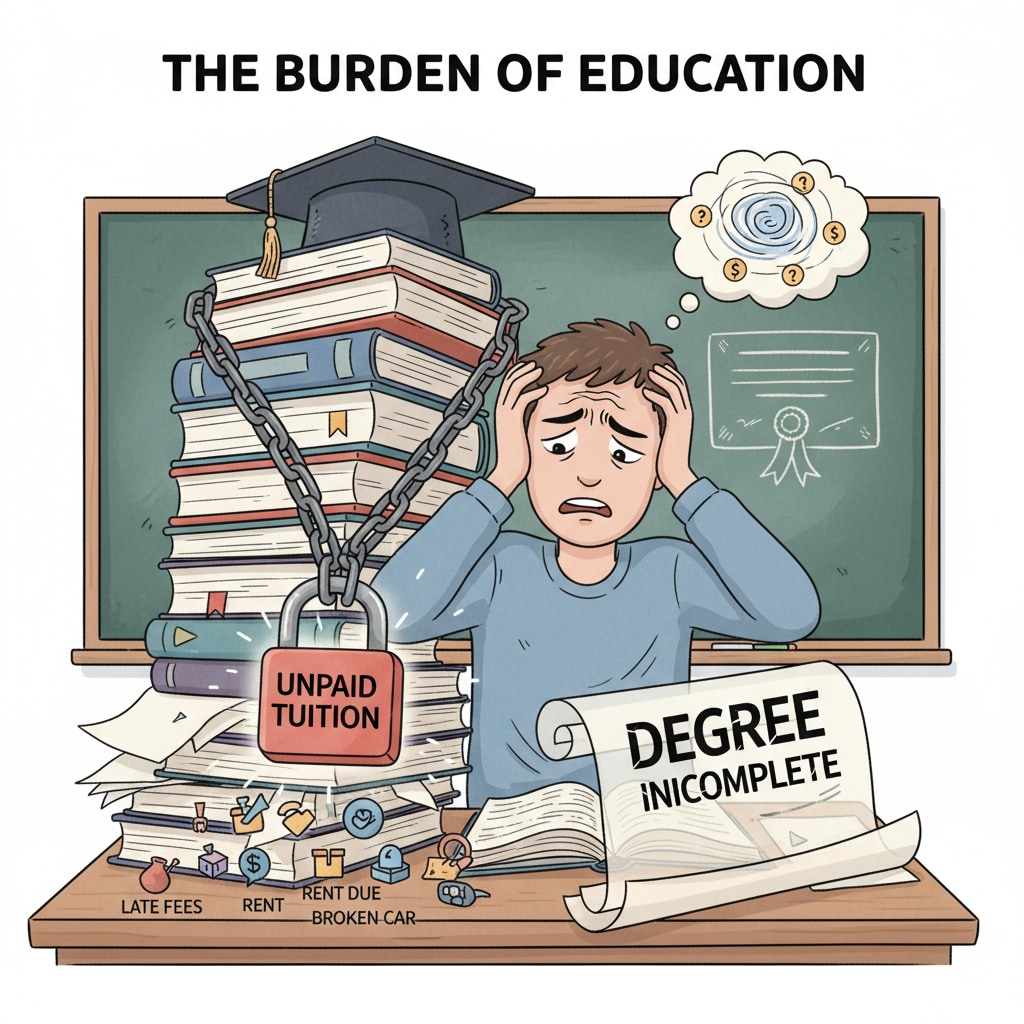 A student is sitting at a desk, looking worried, with open books in front of them, symbolizing the stress of an unfinished degree due to issues like tuition arrears. Worried student with unfinished degree related to university degrees, credit transfers, and tuition arrears