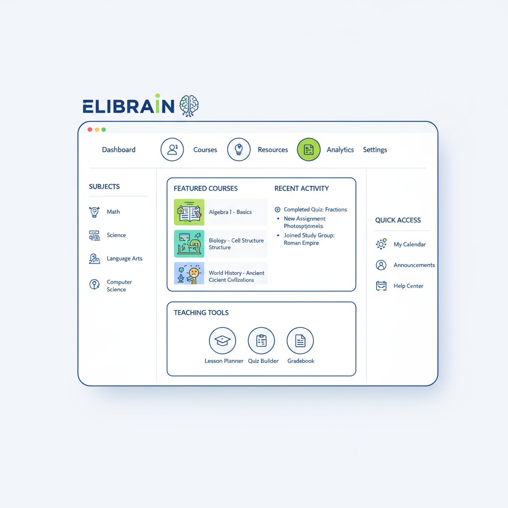 An overview screenshot of the ELIBRAIN educational platform interface, showing various teaching and learning sections. The interface is clean and intuitive, with sections clearly labeled for different subjects, resources, and teaching tools. ELIBRAIN educational platform interface overview for educational tools user evaluation