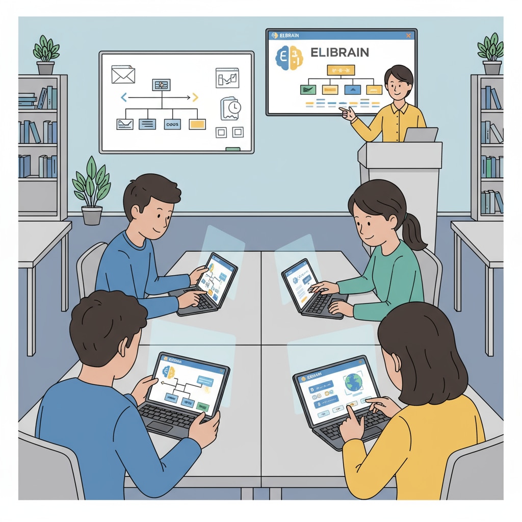 A group of students using ELIBRAIN on their devices during a class activity. The students are engaged, with their eyes on the screens, interacting with the educational content provided by ELIBRAIN. Students using ELIBRAIN educational tool during class for user evaluation