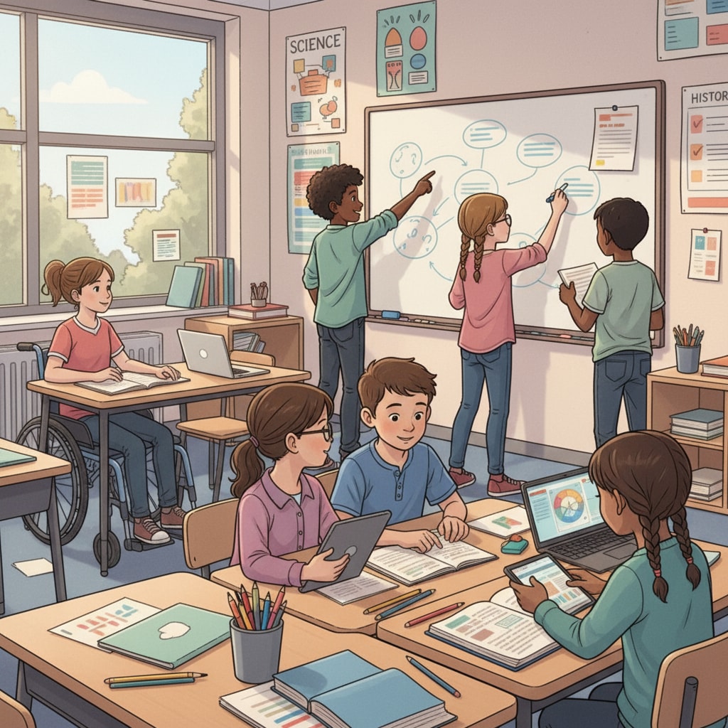 A classroom scene shows students of diverse backgrounds working together on a project, with some discussing ideas and others writing on a board. Students from privileged and socioeconomic disadvantaged backgrounds collaborating in an educational environment