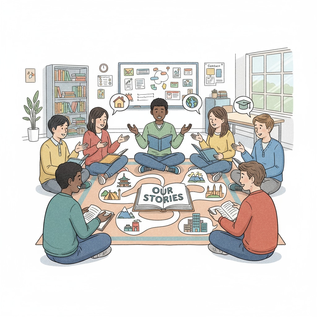 A group of students from different backgrounds are sitting in a circle, sharing their personal stories and experiences. Interaction between privileged and disadvantaged students in an educational setting for breaking stereotypes