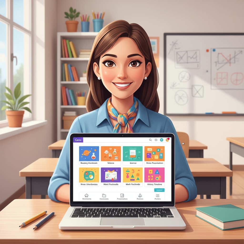 A teacher is sitting at a desk, using a laptop with the Canva application open. On the screen, there are templates for creating educational resources such as worksheets and presentations. A teacher using Canva digital files to create K-12 educational resources