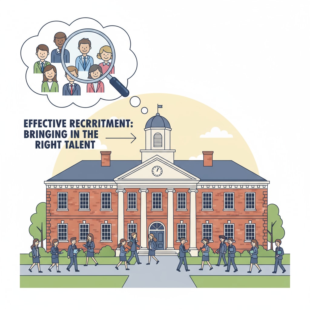 An illustration depicting a private school building with students and teachers walking around, symbolizing the need for effective recruitment to bring in the right talent. Private school recruitment services illustration showing the need for talent acquisition.