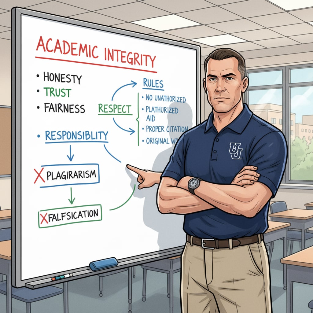 A college sports team coach is standing in front of a whiteboard. The whiteboard has scribbles about academic integrity, like definitions and rules. The coach is pointing at the board, looking serious. A college sports team coach emphasizing academic integrity