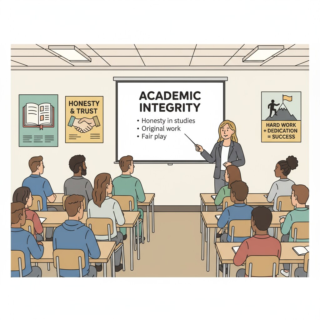 A group of athletes are sitting in a classroom-like setting. They are all looking at the front where a presenter is talking about academic integrity. There are some posters about honesty and hard work on the walls. Athletes attending an academic integrity workshop