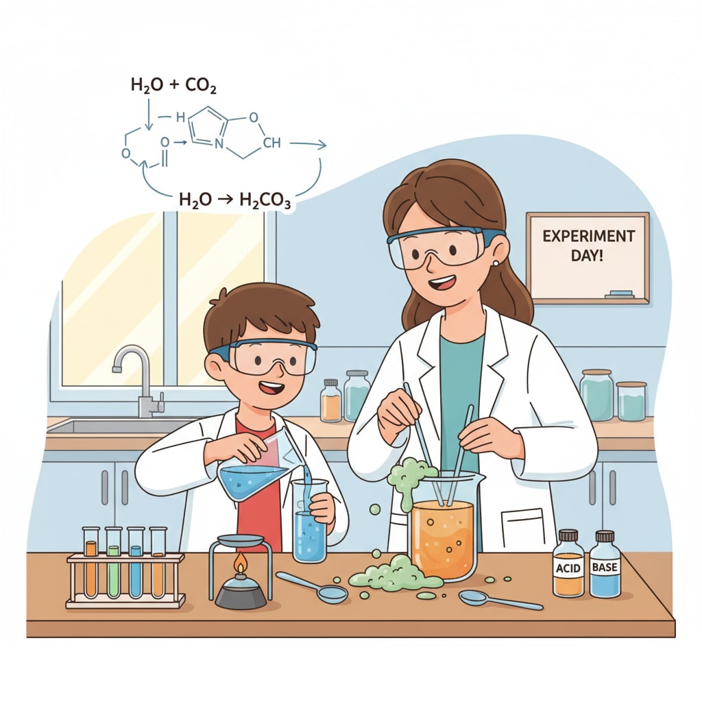 A home setup where a child and parent are conducting a science experiment involving mixing substances. A child and parent engaged in a DIY science experiment at home
