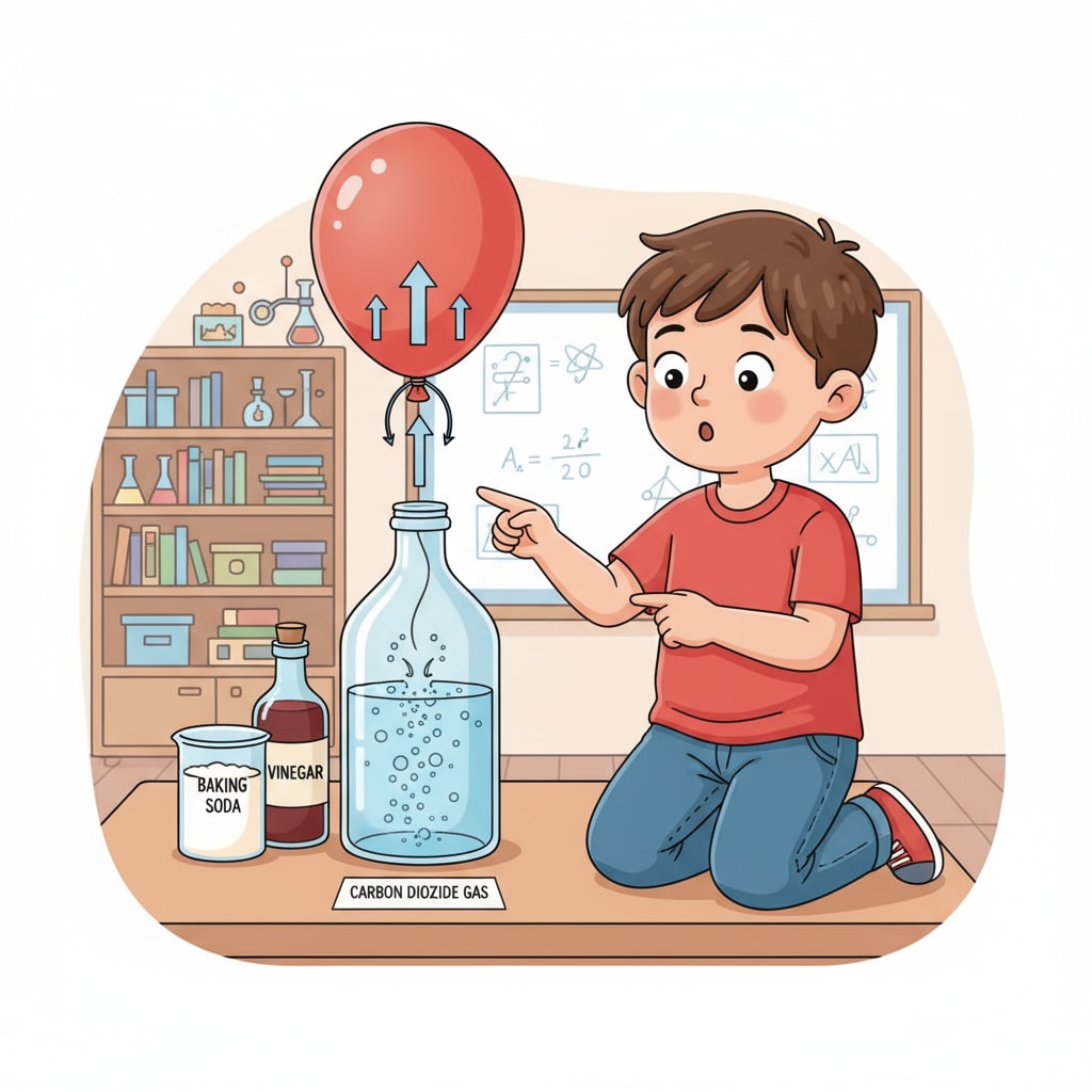 A child observing a bottle with a balloon being inflated as part of a science experiment. A child participating in a family science experiment with a balloon inflation