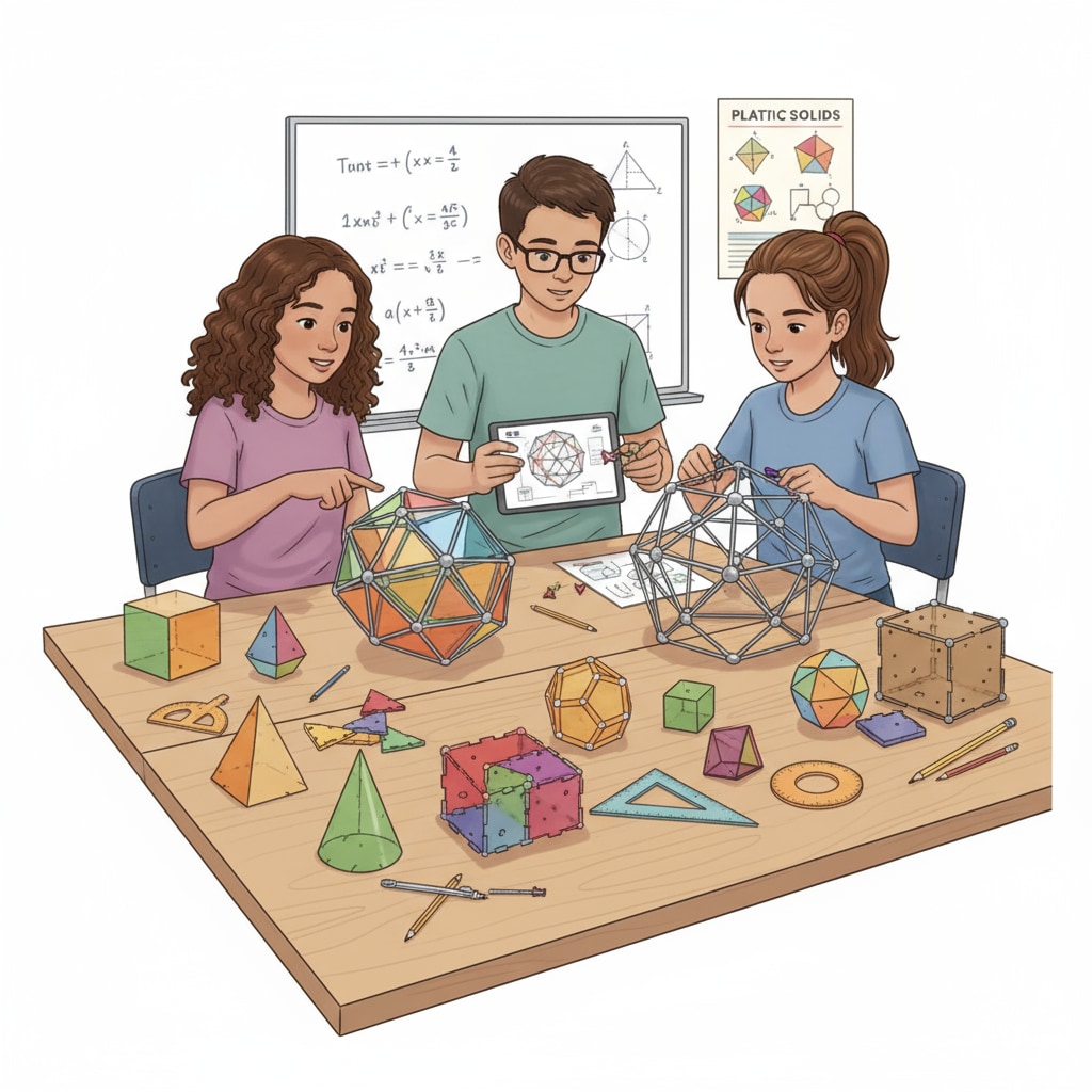 The picture depicts a group of American high school students actively participating in a hands-on geometry activity, building models of geometric solids. American high school students engaged in a hands-on geometry activity