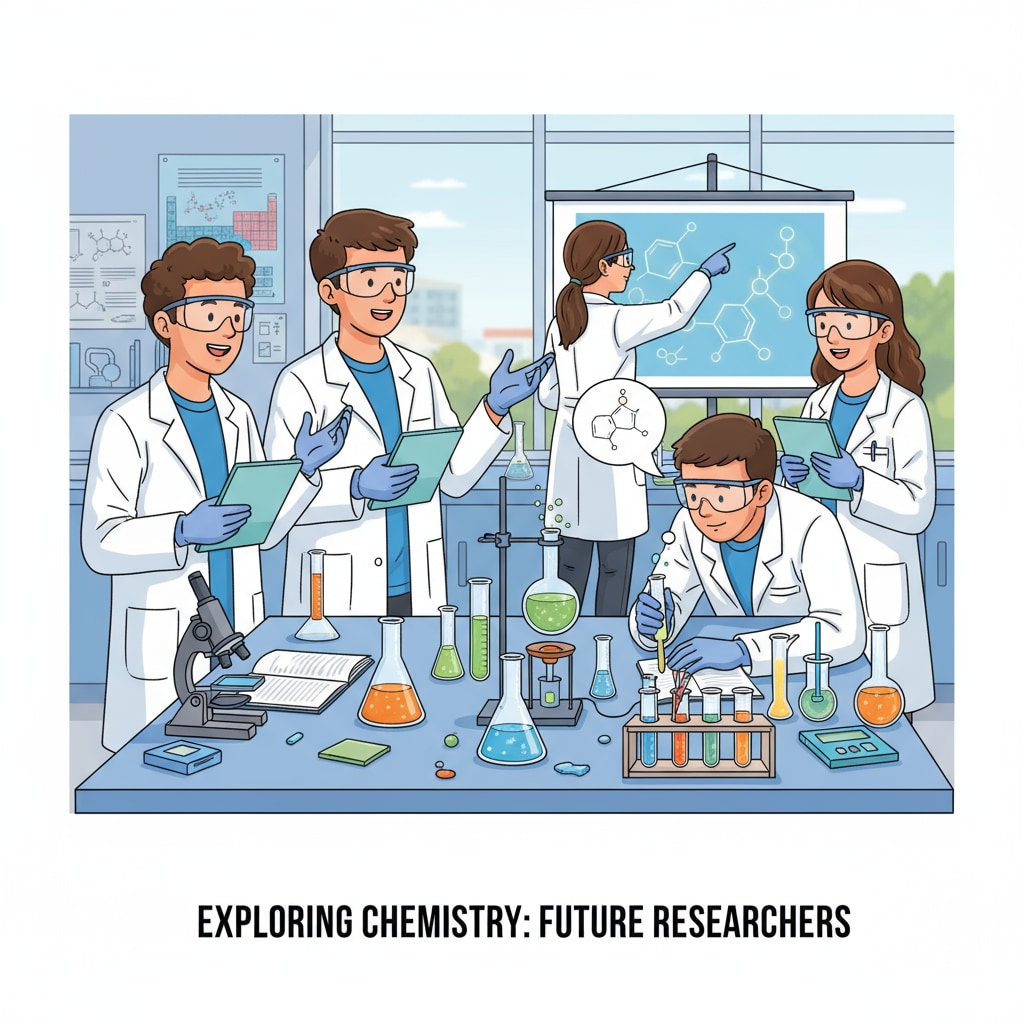 A group of high school students are engaged in a lively discussion about chemistry research topics in a laboratory setting, surrounded by various chemical equipment. High school students discussing chemistry research topics in a laboratory