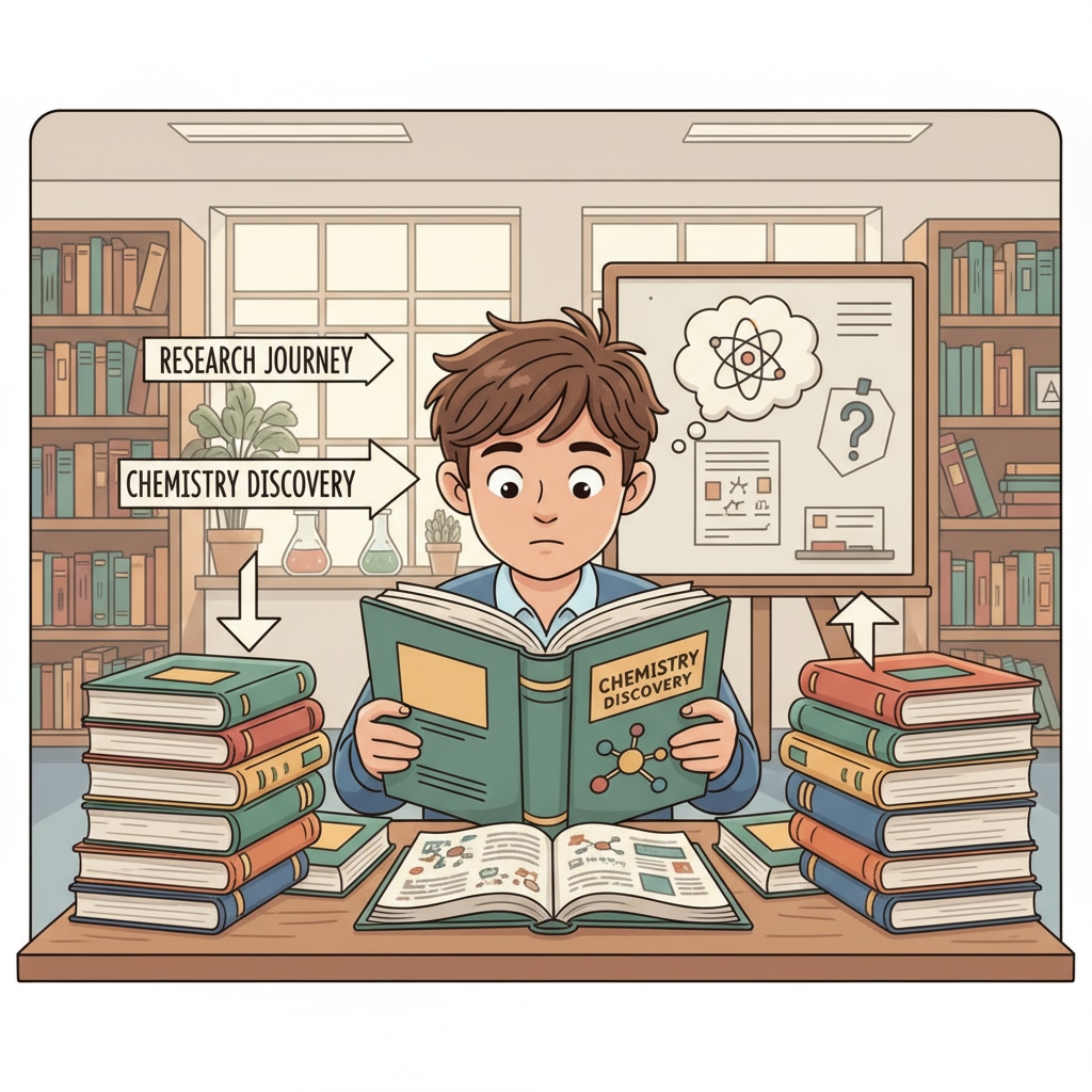 A student is sitting at a desk, surrounded by chemistry books, intently looking through them in search of an interesting research topic. A student looking through chemistry books to find a research topic