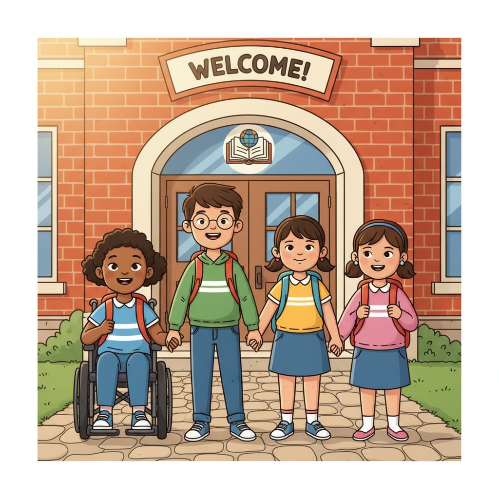 A group of special education students smiling and holding hands, showing their eagerness to enter a regular school Special education students eager for school enrollment