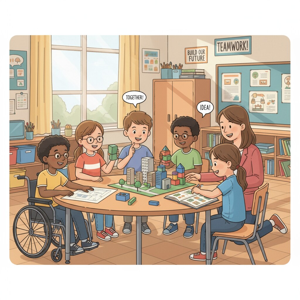 A classroom scene with special education and regular students collaborating on a project Inclusive classroom with special education and regular students working together