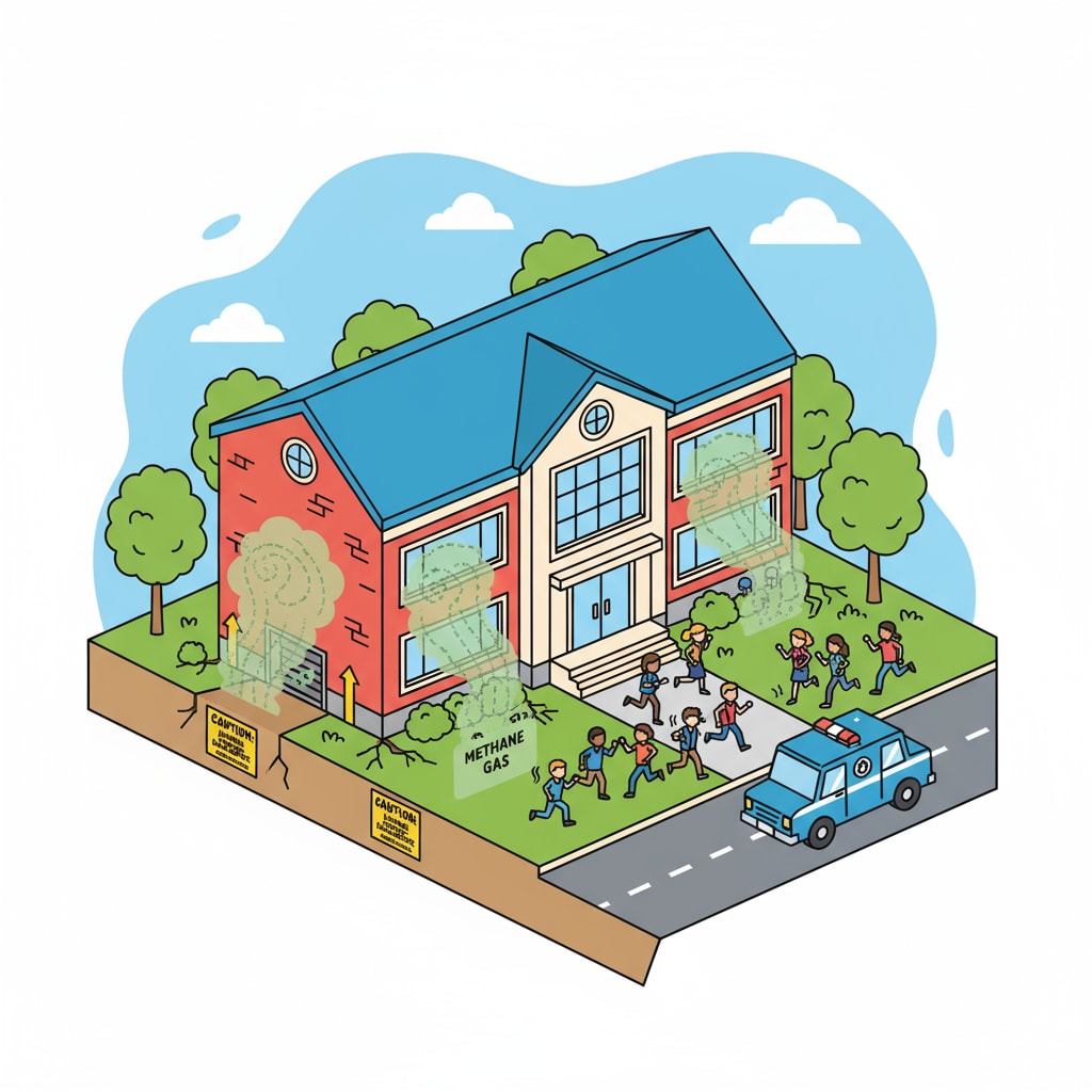 A school building with caution signs placed around it to indicate a methane leakage situation. School building with methane leakage caution signs