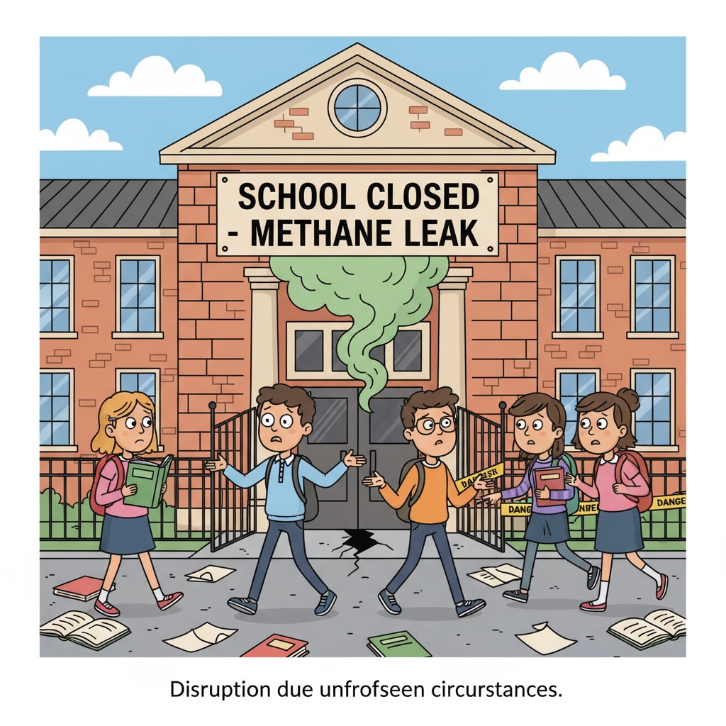 A group of students looking confused and disappointed as they walk out of a school that has been closed due to methane leakage. Students leaving a closed school due to methane leakage