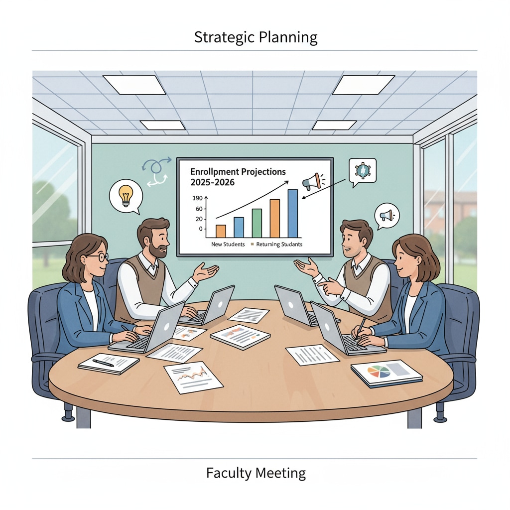 Teachers are engaged in a discussion about enrollment strategies in a meeting room, with papers and laptops in front of them. Teachers discussing charter school enrollment strategies in a meeting