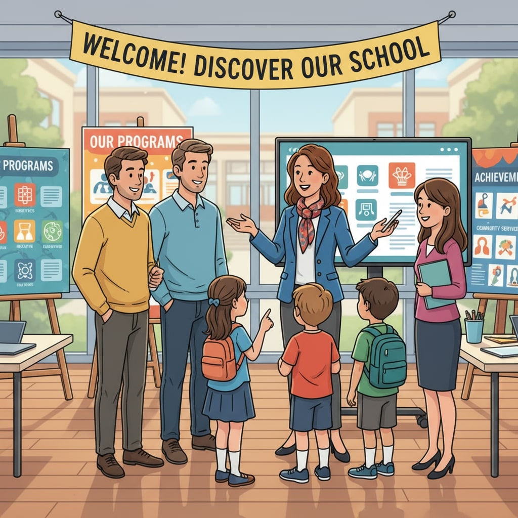 A teacher is interacting with parents and students at a community open house, smiling and answering questions. There are displays about the school's programs and achievements. Teacher interacting with parents and students at a charter school community open house for enrollment promotion