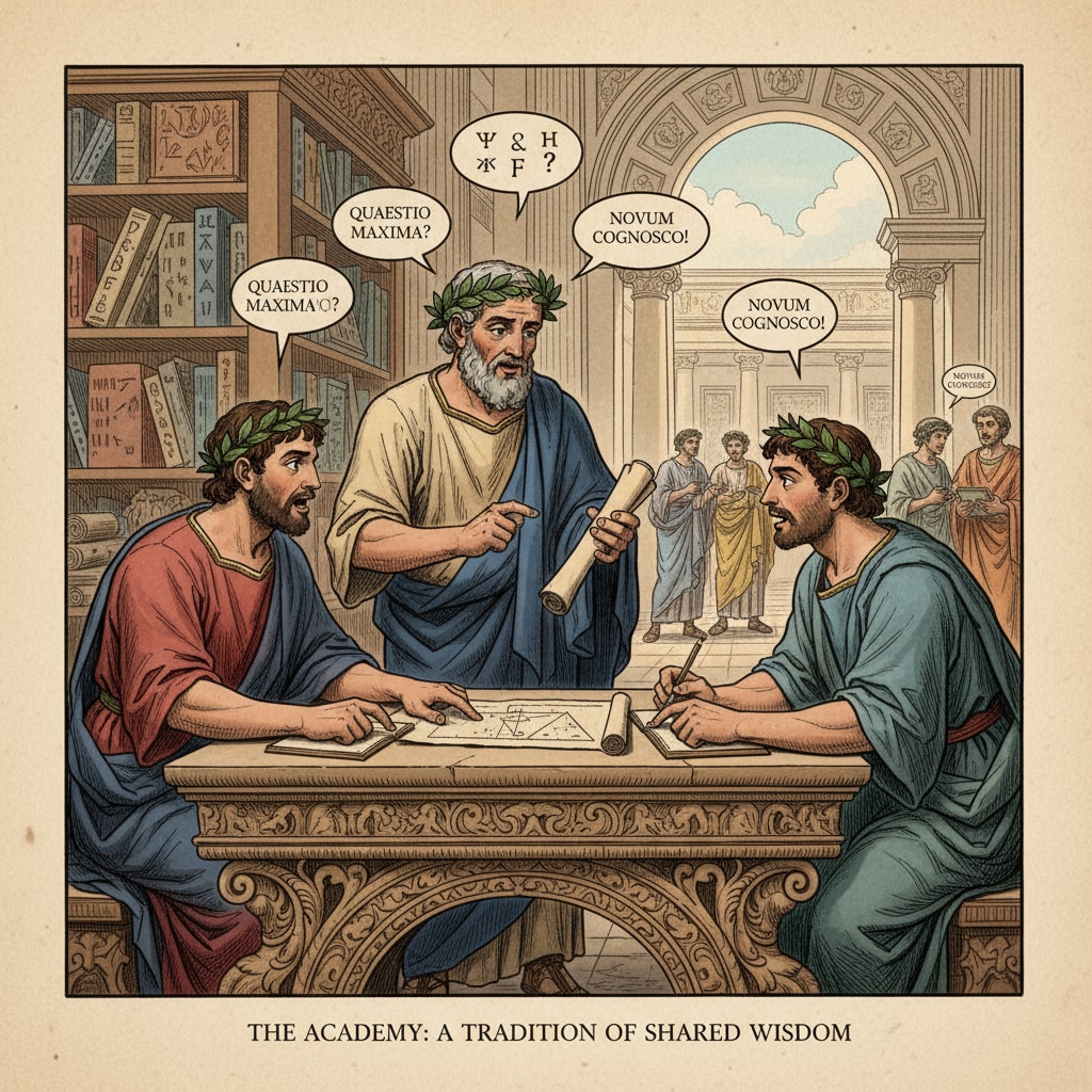 This image depicts ancient scholars engaged in a lively discussion, sharing their knowledge and ideas, representing the long - standing tradition of learning from others. Ancient scholars discussing knowledge related to lifelong learning, ancient wisdom, and workplace growth