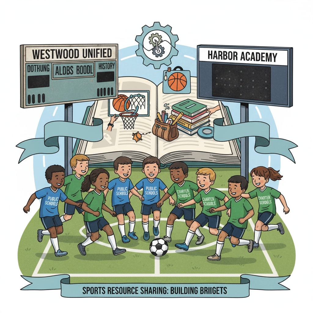 A group of students from public and charter schools playing sports together, symbolizing the potential of sports resource sharing Students from public and charter schools sharing sports resources