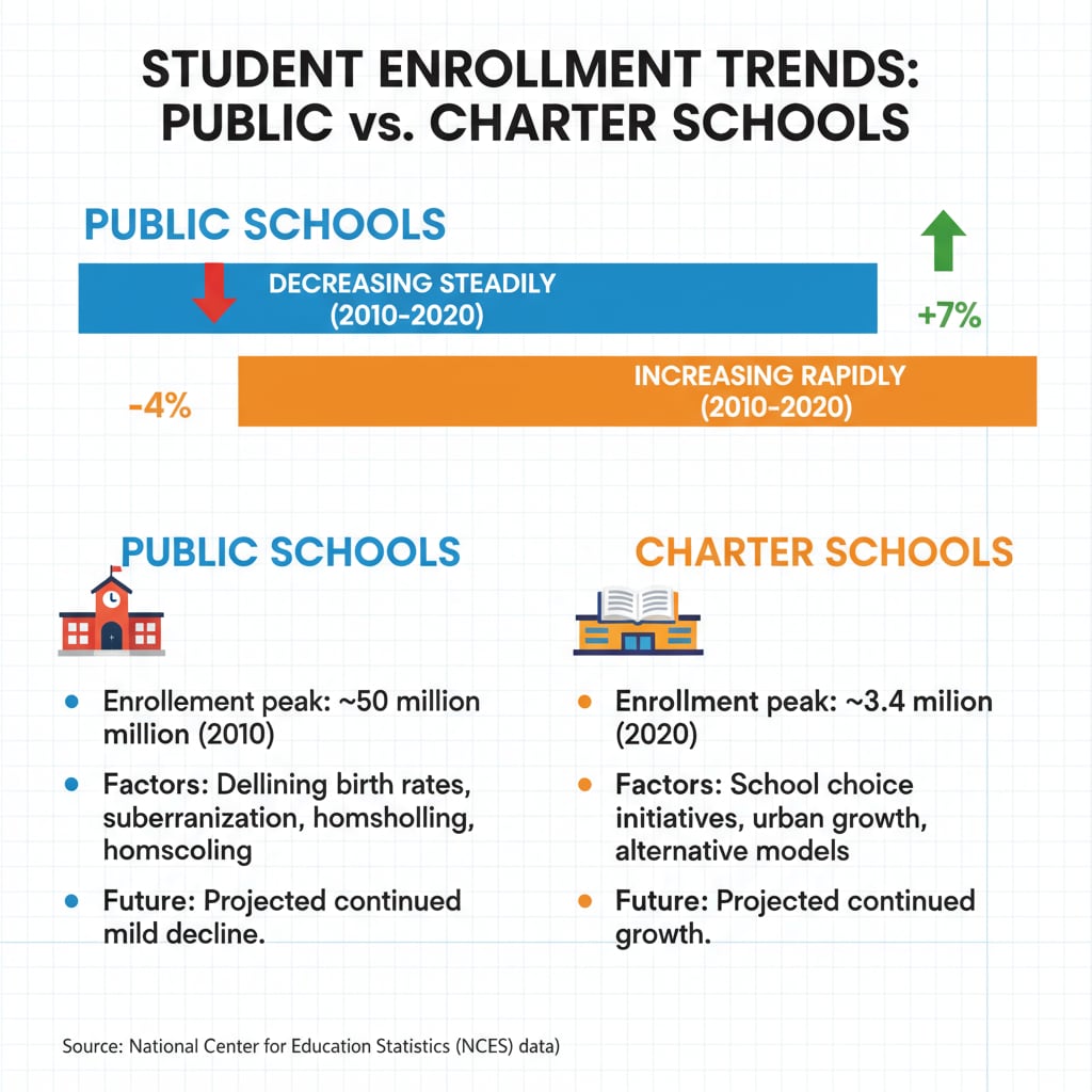 A comparison chart showing the differences in student enrollment trends between public and charter schools Comparison of student enrollment trends in public and charter schools