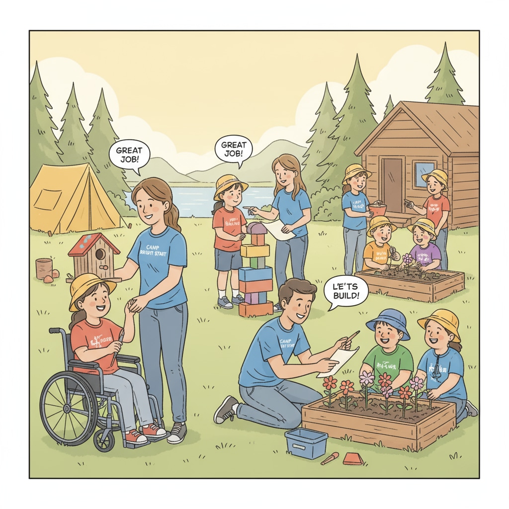 Students with special needs are actively involved in a summer camp activity, under the guidance of counselors. Special needs students in a summer camp related to special education, RBT, and summer jobs
