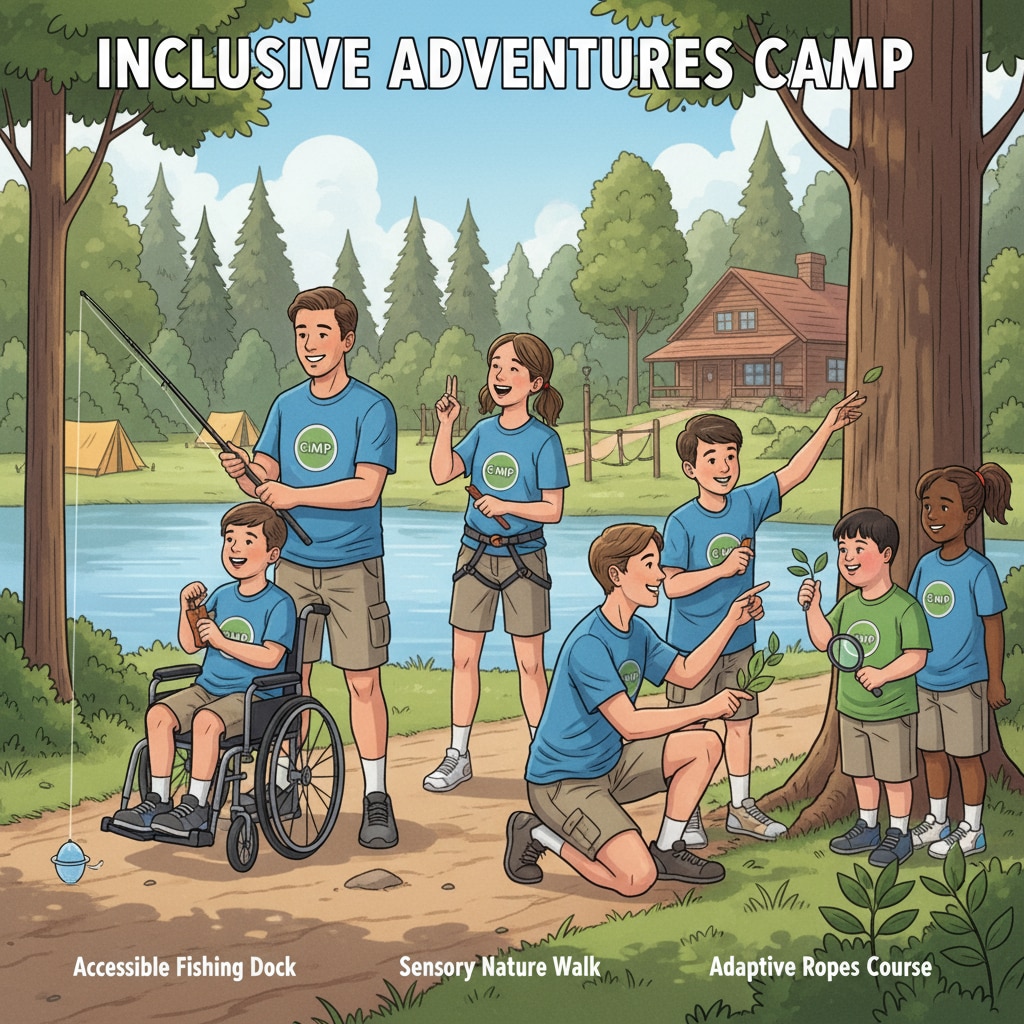 Camp counselors are leading special needs campers in outdoor activities, showing a harmonious and inclusive atmosphere. Camp counselors and special needs campers during outdoor activities relevant to special education, RBT, and summer jobs