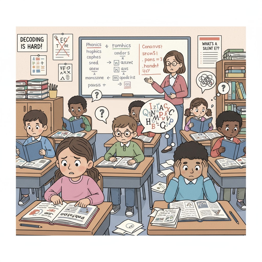 A classroom scene where students are struggling with reading materials shows the difficulties in reading instruction. Students struggling with reading materials related to school-to-prison pipeline and reading instruction