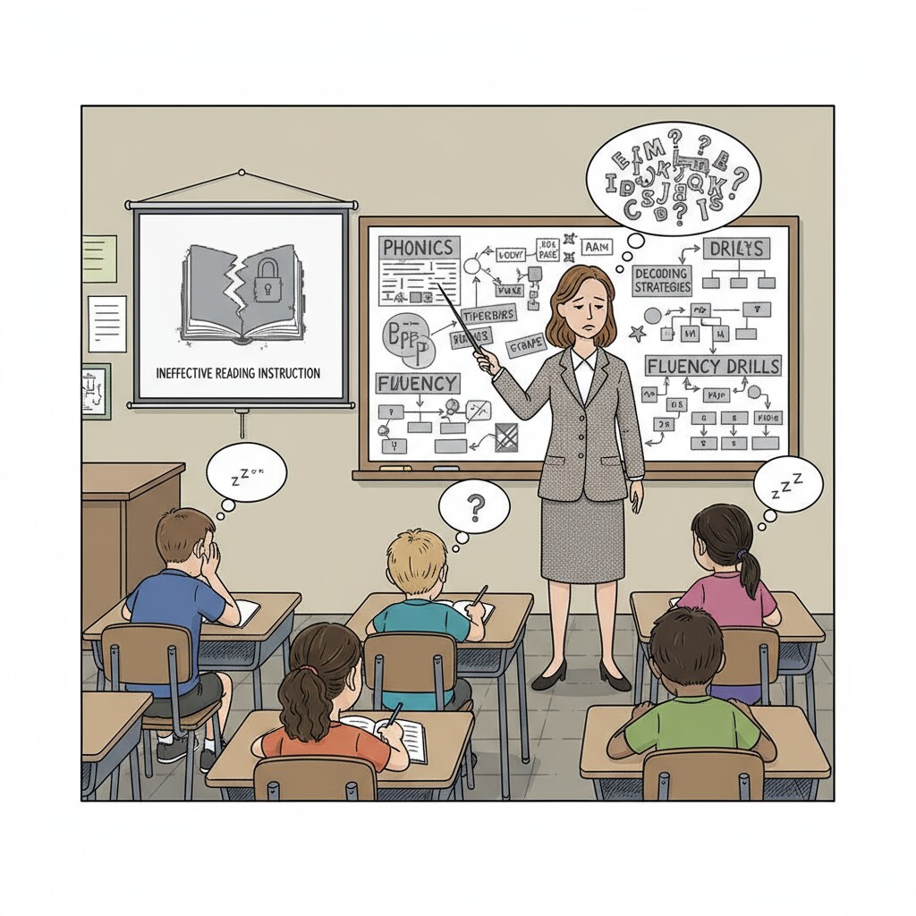 A teacher explaining reading concepts in a less engaging way indicates ineffective reading instruction methods. Teacher explaining reading concepts in relation to school-to-prison pipeline and reading instruction