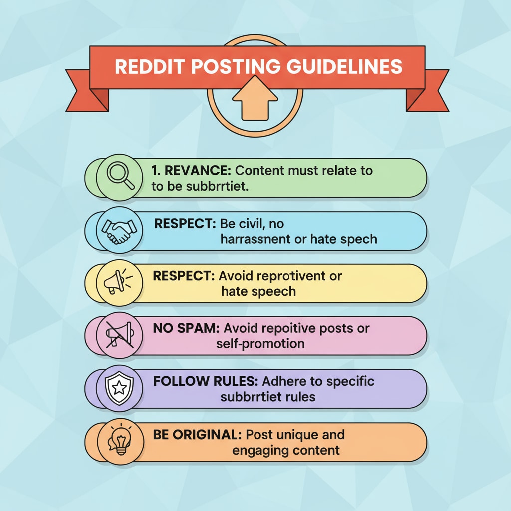 A graphic shows a list of Reddit's posting rules such as relevance, respect, and no spam. Illustration of Reddit's posting rules
