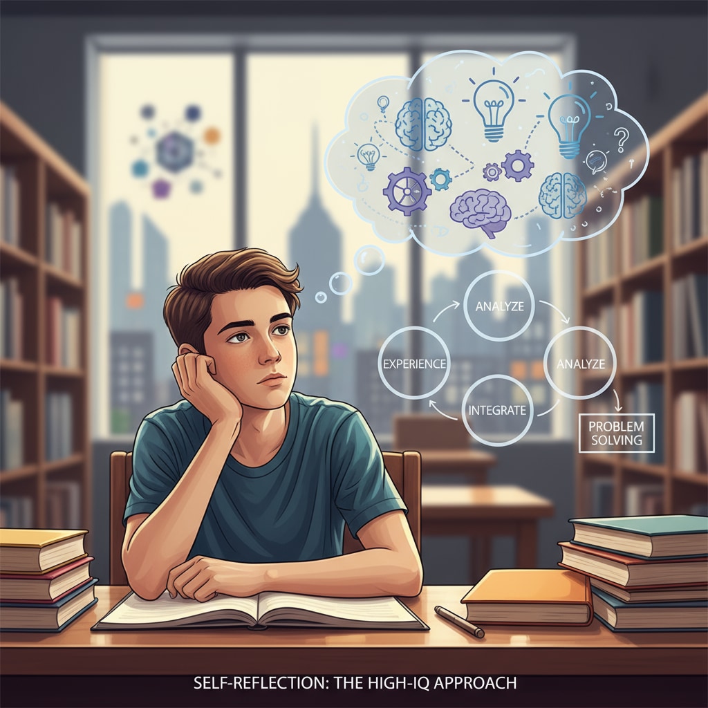 A solitary student sitting at a desk, deep in thought, representing the self-reflection process of high-IQ students. Self-reflection of a high-IQ student