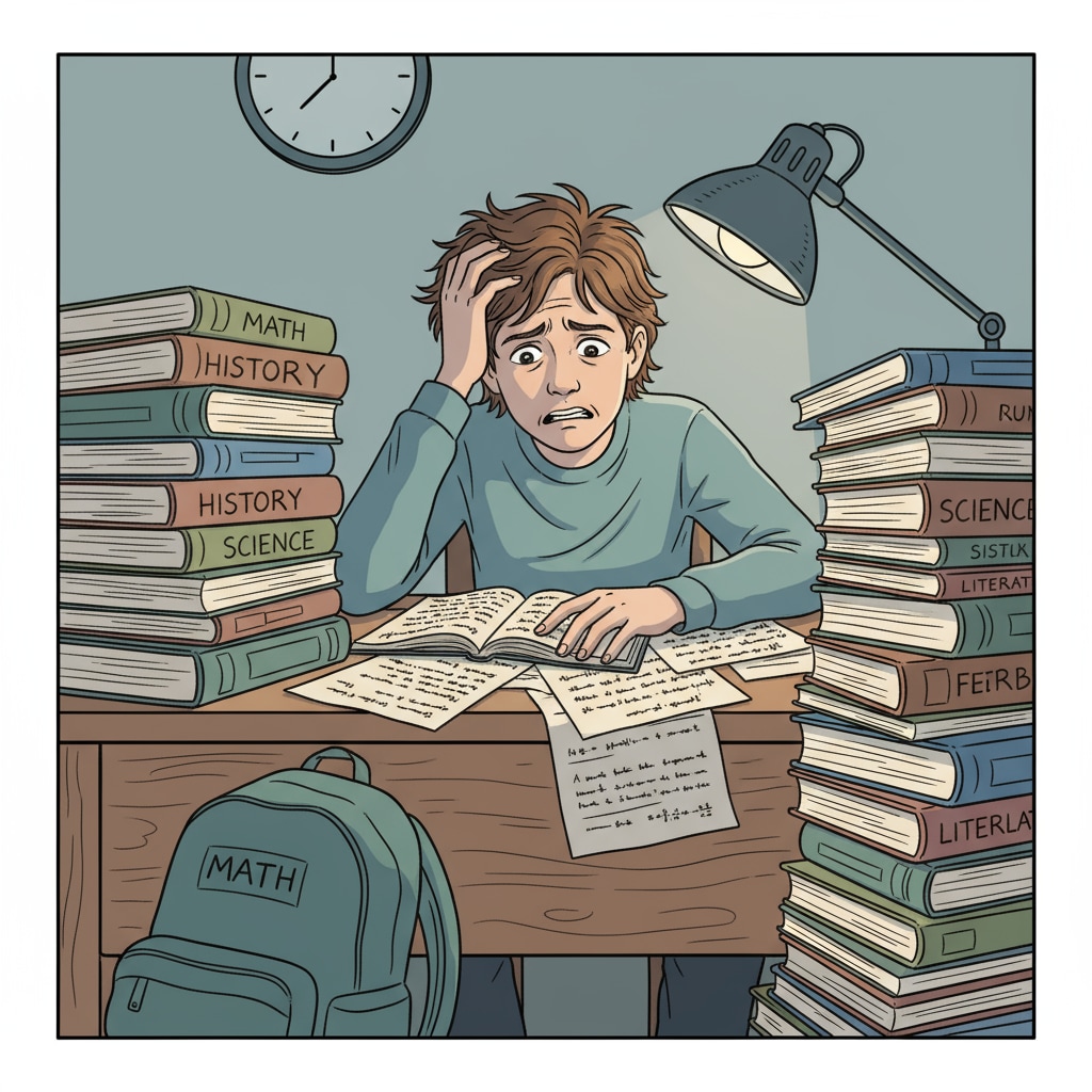 A stressed student dealing with excessive homework