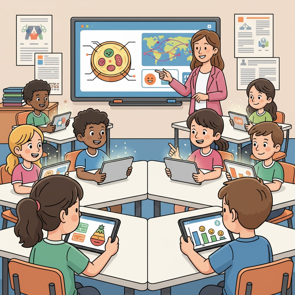 A group of K12 students are sitting in a classroom, using tablets with visual learning aids on them. They are interacting with colorful diagrams and charts, looking engaged. K12 students using visual learning aids in a classroom