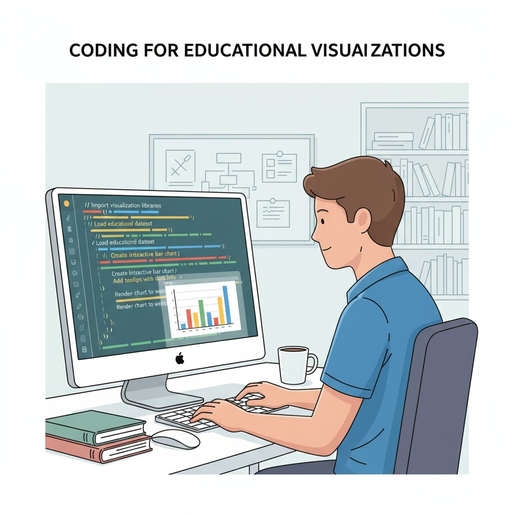 A developer is sitting in front of a computer, typing code on the screen. The screen shows lines of code related to creating visualizations for educational purposes. A developer coding an automated visual learning aid on a computer