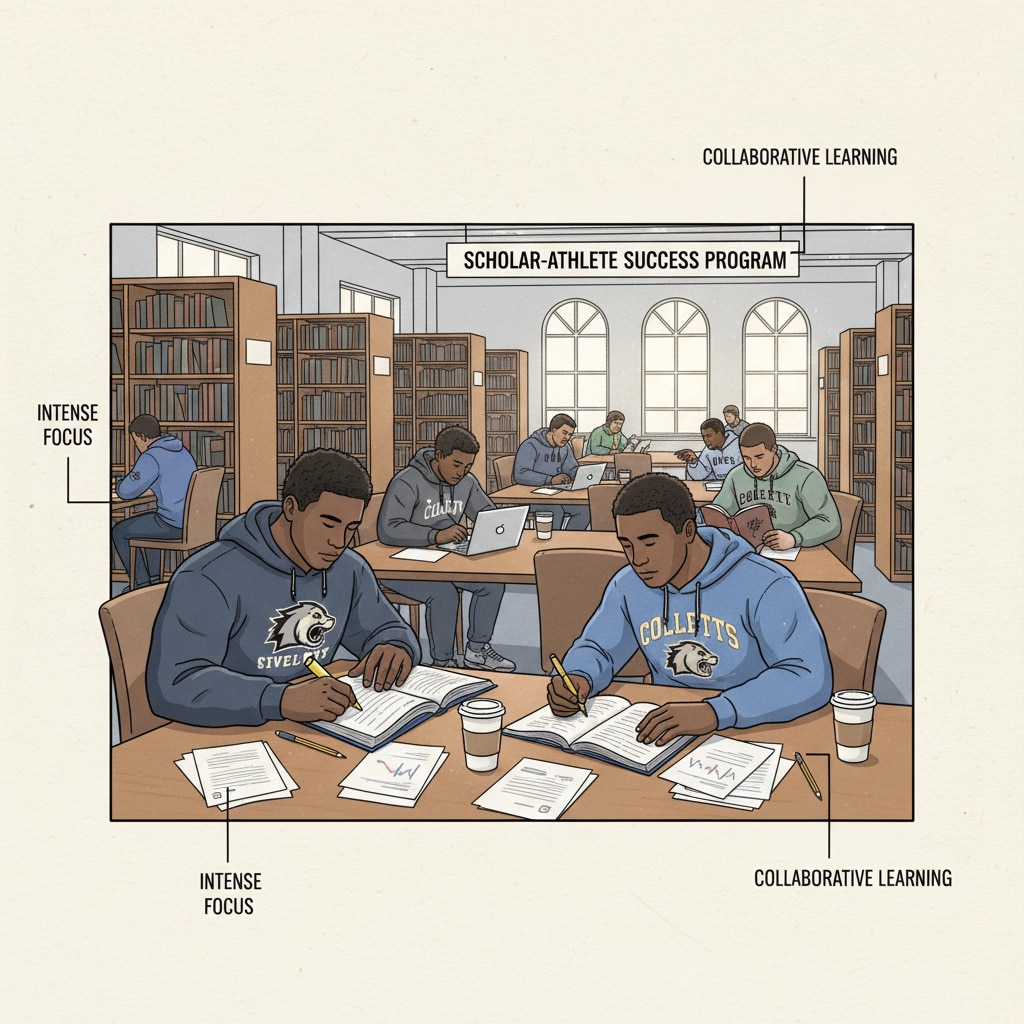 A group of football student-athletes are sitting at tables in a college library, reading books and taking notes, showing their commitment to academics. Football student-athletes studying in a college library