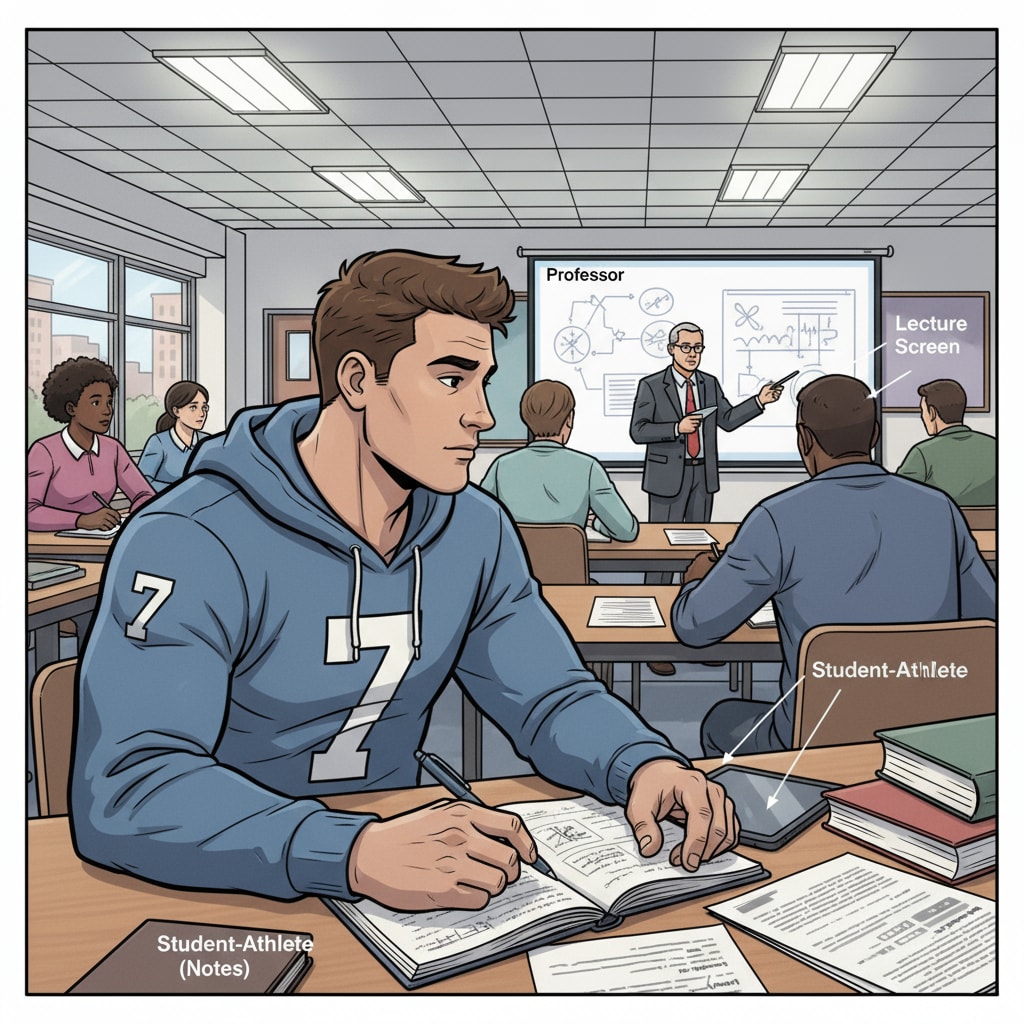 A young football player is sitting at a desk in a college classroom, listening attentively to the professor and taking notes, indicating his engagement in academic learning. A football player attending a college class