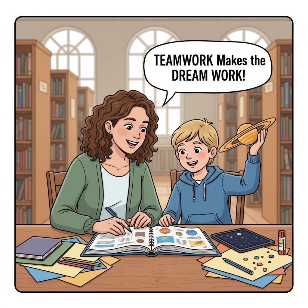 A parent and child are collaborating on a school project in a library setting, highlighting the role of parents in a child's academic pursuits. A parent and child collaborating on a school project relevant to child tax credit, student performance, and parental responsibility