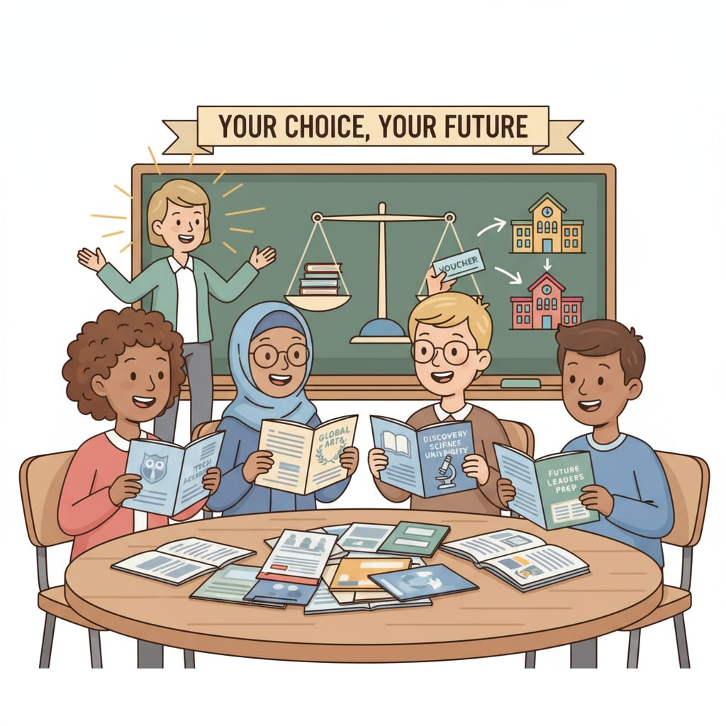 A group of students are looking through various educational brochures, indicating their freedom to choose different schools with the support of the voucher system. Students exercising free choice in education with the voucher system