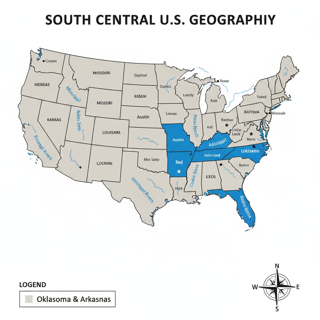 A map highlighting the geographical locations of Oklahoma and Arkansas within the South Central region of the United States, which helps readers understand the context of the educational discussion. Map showing Oklahoma and Arkansas in the US South Central region for education evaluation