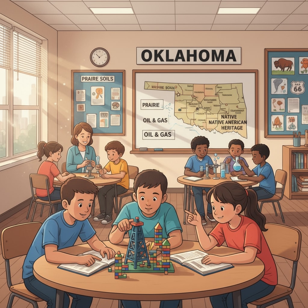 A vivid scene of a classroom in an Oklahoma school where students are actively involved in discussions and hands-on activities, demonstrating the learning environment in Oklahoma's education system. Classroom in Oklahoma school for education evaluation