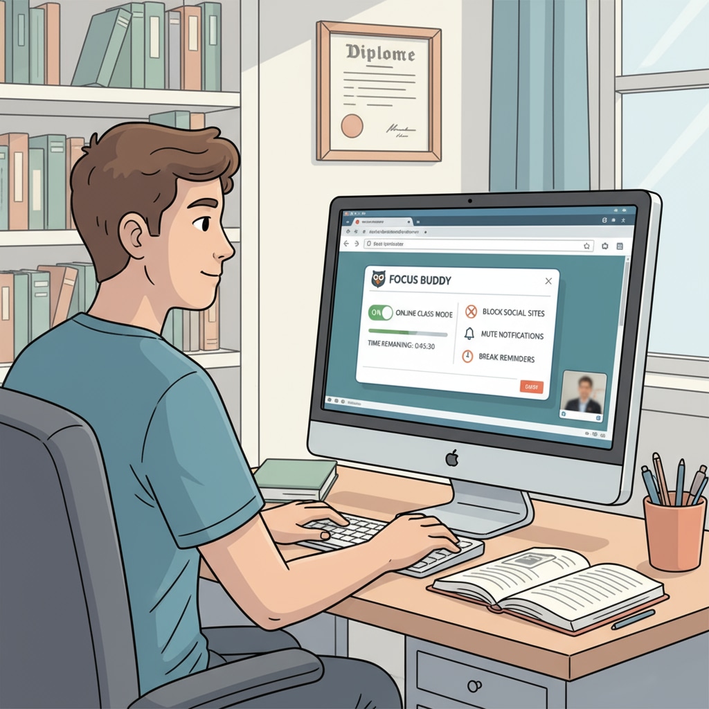 An illustration depicting a student sitting in front of a computer, with a browser extension interface visible on the screen, helping the student stay focused during an online class. Browser extension for attention maintenance in online learning