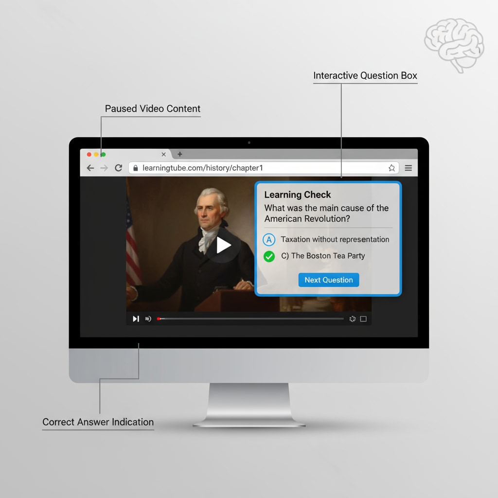 A screenshot showing a browser window with a video paused, and a question box displayed, representing the interactive feature of the browser extension for learning. Interactive browser extension in use for online learning