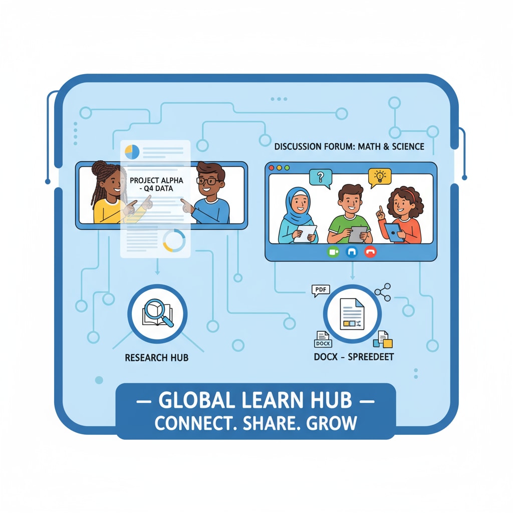 A virtual digital learning community where students are interacting, sharing documents, and discussing various topics related to their studies. Digital learning community with students using learning groups, Discord, and WhatsApp