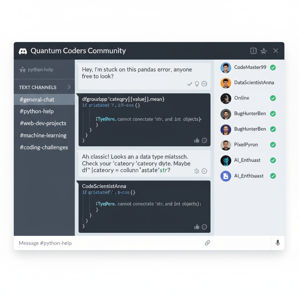 A screenshot of a Discord server interface showing students actively chatting, sharing code snippets, and participating in coding discussions. Discord server for learning groups in K12 education