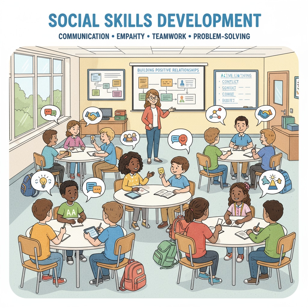 A classroom scene with students actively participating in group discussions about social skills development. Students engaged in life skills education activities related to social skills in a classroom
