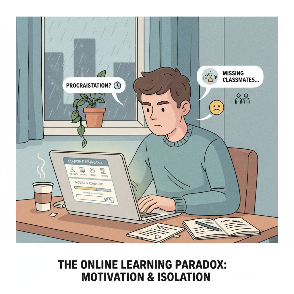 A student is sitting at a desk, looking at a laptop screen, which shows an online learning platform. This represents the typical online learning environment where students face self-motivation and social isolation challenges. A student in an online learning environment facing self-motivation and social isolation