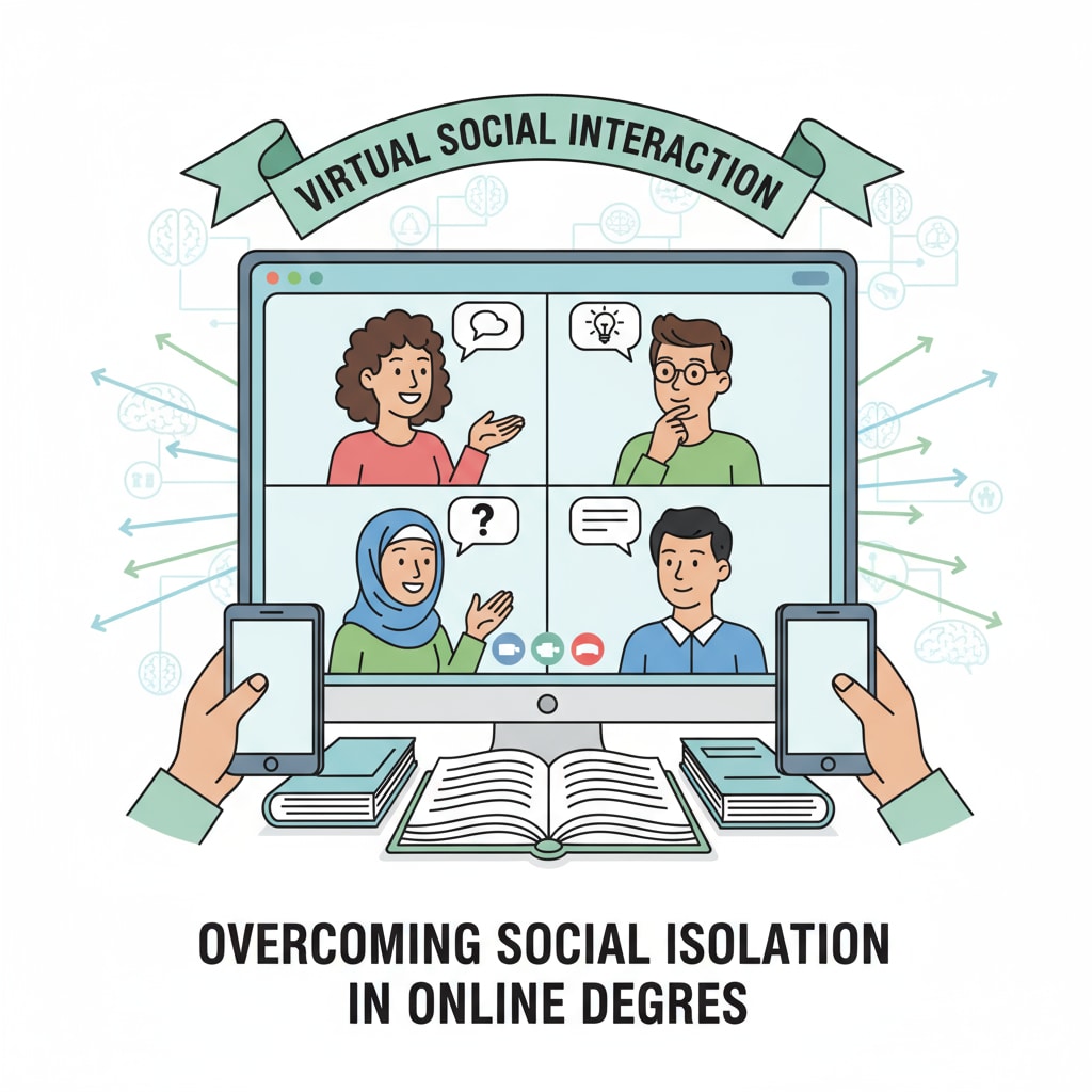 A group of students are video chatting. Their faces are visible on the screens, and they are engaged in a discussion. This symbolizes virtual social interaction, which can help overcome social isolation in online degrees. Students engaging in virtual social interaction to combat social isolation in online degrees