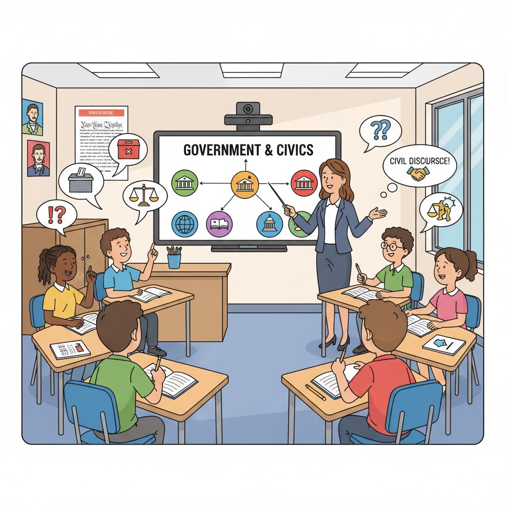 A classroom scene where K12 students are engaged in a lively discussion about political topics, with the teacher guiding the conversation. K12 students discussing political science topics in a European educational setting